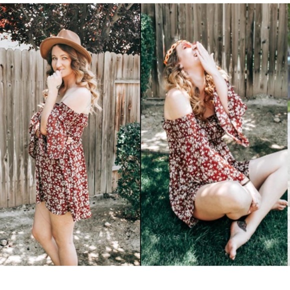 Floral Long Sleeve Off Shoulder Casual Mini Dress - Picture 2 of 2